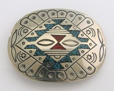 Navajo Belt Buckle .999 Nickel Buffalo Gemstone Signed Chee Keams 2.25x3.0 C.80s picture