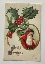 Vintage 1910 Christmas Postcard SANTA CLAUS HOLLY BERRIES Embossed Stamped Used picture