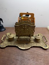Antique Brass Double Inkwell Letter Holder Desk Stand Organizer Cherub Putti picture