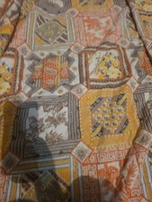Vintage 60s 70s Faux Patch Quilt Yellow Orange Brown Cotton Fabric 89x101 picture
