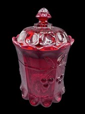Mosser Glass Ruby Red Cherry Thumbprint Covered Canister Jar 9.5