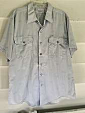 VTG 60s GREYHOUND BUS ALL-OVER LOGO WORK SHIRT SHORT SLEEVE HOWARD UNIFORM BLUE picture