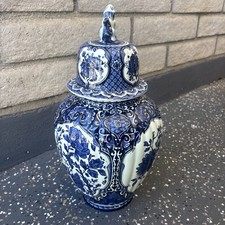 Vintage Delfts Blue Ginger Jar Royal Sphinx Foo Dog Lid,Floral Urn, 16” Tall picture