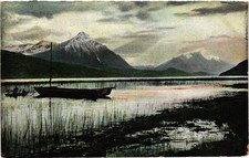 Vintage 1910 Mountain Lake Postcard Boat & Snowy Peaks Amer Landscape Series picture