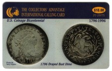 $10. 1796 Draped Bust Dime Coin Card (Coinage Bicenten) (3/95) USED Phone Card picture