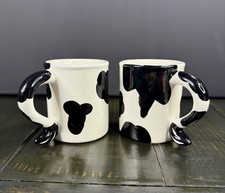 Cow Mugs-Set of Two Classic Black & White Cow Print Cute Handle Signed picture