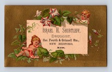 Israel H. Shurtleff Druggist Cherubs New Bedford MA Victorian Trade Card picture