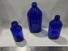 ​3 Vintage Cobalt Blue Glass Medicine Bottles Apothecary Oval Screw Top Lot picture