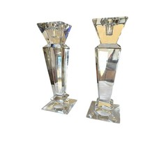 TOWLE Pair Of Geometric Full Lead Crystal Monument Candle Holders Signed EUC picture