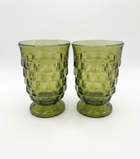 Set of 2 Indiana Glass Whitehall Cubist Green Avocado Footed Juice Glasses VTG picture