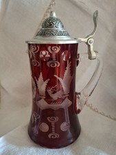 Vtg Egermann Ruby Cut to Clear Glass Beer Stein With Lid & Deer Collectible  picture