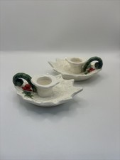 Vintage Pair of Lefton White Holly Berry Candle Holders #6052 1970 Green Handle picture