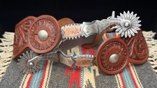 EXCEPTIONAL Pair Double Mount Silver & Copper Overlaid Engraved Spurs w/ Straps picture