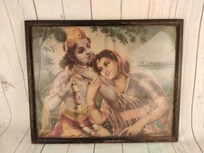 Vintage Hindu Lord Shri Radha Krishna Litho Print - Wooden Frame Wall Art picture