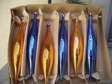 VTG Blown Mercury Glass  icicle ornament Xmas tree Gold Blue box Set 6 POLAND picture