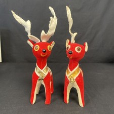 2 Vtg Red Velvety Stuffed CHRISTMAS REINDEER Figurers Plush *See Description picture