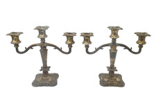 Pair English Reproduction Silver Plated 3 Arm Candelabras Candle Holders EP Zinc picture