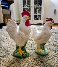 Vintage Lefton White Ceramic Rooster & Hen Figurines Pair Japan H3072   picture