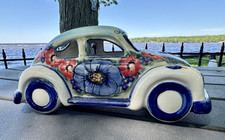 Polish pottery Ceramika Bona Boleslawiec Unikat Hand Painted VW Beetle. Signed picture