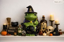 Haunted Halloween Magical Wizard Frog Halloween Cookie Jar Cauldron Collectible picture
