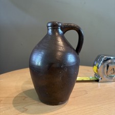 antique American brown glazed stoneware ovoid jug w/ handle picture