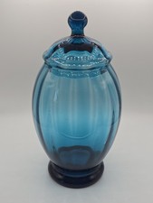 Vintage Italian Empoli Glass Apothecary Jar Lid Blue Green Optic Ribbed 8 1/2