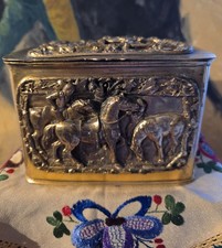 Antique Gilt Metal And Bronze Humidor W/ Two Thick Repousse Decoration Of Horses picture