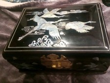 Vintage Inlaid Mother Of Pearl Laquered Asian Jewelry Box As Is picture