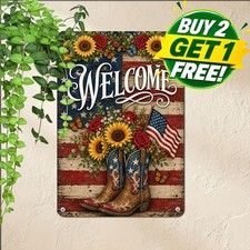 Patriotic Welcome Independence Day Sign Red White Blue Front Door Metal Plaque picture