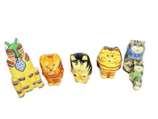 Vintage Hand Painted Wooden Cat Figurines Folk Art Carved Kitty Collection picture