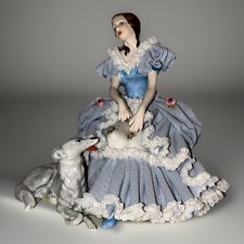 Vtg Sandizell Dresden Porcelain Lace Girl Sitting With Dog Borzoi Figurine Blue  picture