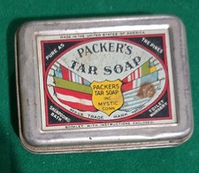 VINTAGE Small PACKER'S TAR SOAP Holder TIN Container Mystic, Conn. CT Tin Only picture