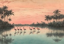 American Flamingos in Tropical Lagoon - Audubon-Style Wall Art Print picture
