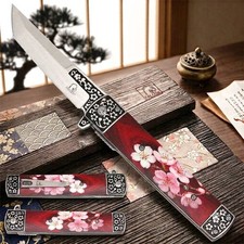 9” Cherry Blossom Flowers Art Folding Pocket Knife Tanto Blade Spring Assisted picture