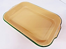 Enamelware Pan 9.5 X 14.5” Rectangle Yellow Cream/Green Trim Vintage NICE . picture