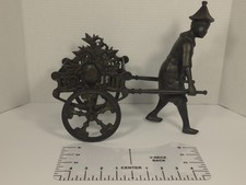 Vtg Castilian Bronze Rickshaw Man Pulling Cart Vase Planter Holder picture
