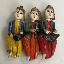 (3) Thai Wood Musicians Wall Hangings Burmese SE Asia Siam Thailand Drums VTG picture