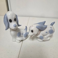 Vintage Ceramic Blue Polka Dot Puppy Dog Figurines Set of 2 Kitsch MCM White picture