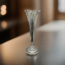 Tall Vintage Crystal Glass Trumpet Vase Fluted Rim Art Deco Style 15.5” picture