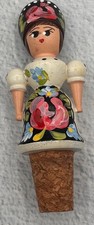 Vintage Hand Painted Wooden Lady Bottle Stopper Folk Art Floral Cork Barware picture