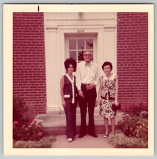 Vtg Color Snapshot Man Bowtie Women Bouffant Hair Brick Porch 1970s picture
