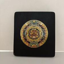 VTG Mayan Sun Stone Aztec Calendar México Metal on Wood Wall Plaque Art Mayan picture