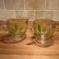 2 Vintage Hand Painted Floral Creamer And Sugar Glass picture
