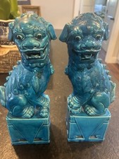 Vintage Glazed Turquoise Blue Foo Dogs Pair Grandmillenial Asian picture