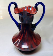 Vintage Czechoslovakia Bohemian Hand Blown Art Glass Vase Cobalt Handles 7.5” picture