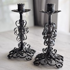 Vintage Silver-toned Spanish Revival Gothic Cast Iron Candle Holders - Set of 2 picture