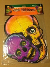 VINTAGE RETRO BEISTLE HALLOWEEN 6 CT 2 SIDED NITE-GLO SKULL CUTOUTS 1973, 2019 picture