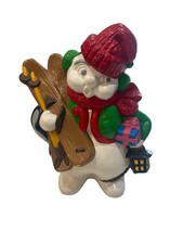 Vintage 1972 Atlantic Mold Ceramic Snowman Holding Skis Hand Painted 13” picture
