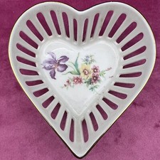 Vintage Schwarzenhammer Germany Heart Shaped Reticulated Trinket Dish, Floral picture