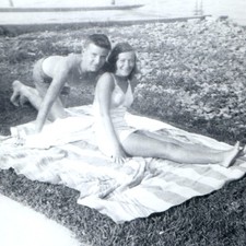 ID'd 1948 Waverly, OH Swimsuit Couple Lake White Snapshot Photo Boy Scout Camp picture